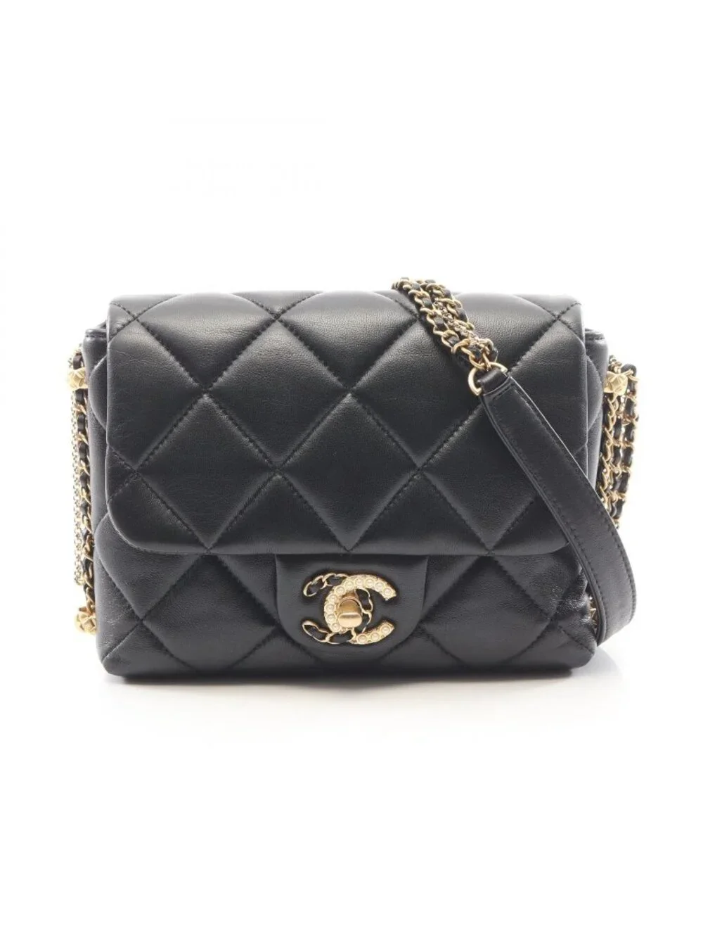 Chanel Shoulder Bag Quilted Small Flap Chain Black Lambskin